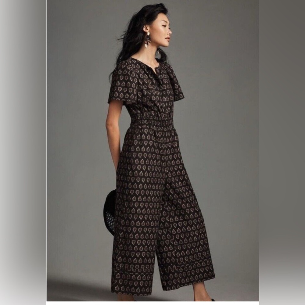 Anthropologie Black Brown Printed Wide-Leg Jumpsuit